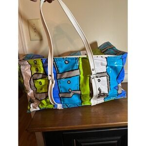 Vintage vinyl bag Blue Green Glossy  Zip Top Travel by Nappy belt design